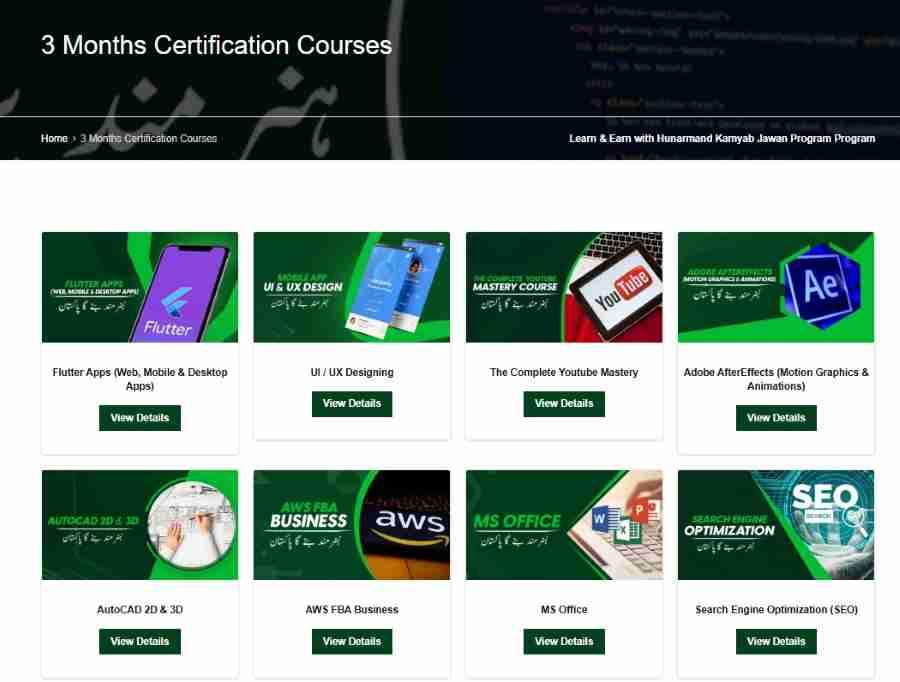 Student Scholarship Card Hunarmand 2026 | Official Portal 3 Hunarmand-Punjab-3-Month-Courses